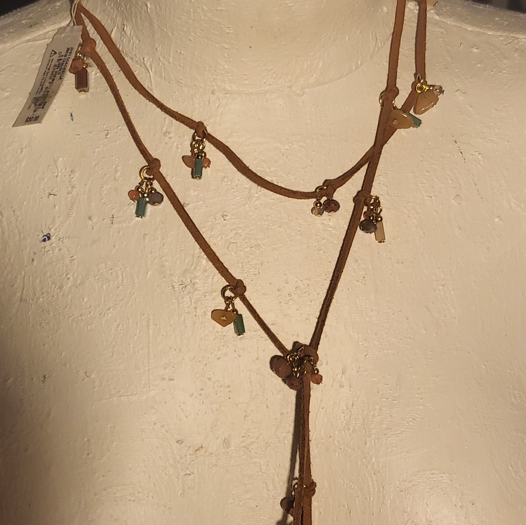Nwt Elegant Brown Suede And Gold Beaded Women's Necklace